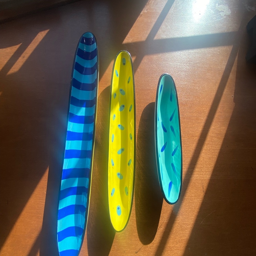 Set of 3 Outta Hand Amy Hetrick Turquoise, Blue & yellow Pottery Olive Dishes
